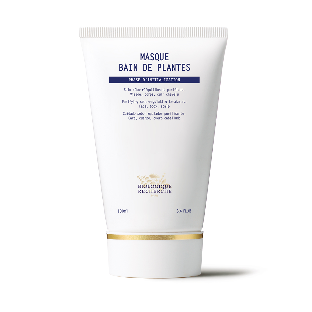 Cosmetic tube labeled 'Masque Bain de Plantes' by Biologique Recherche on a white background