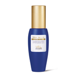 Blue serum bottle with gold cap on a white background